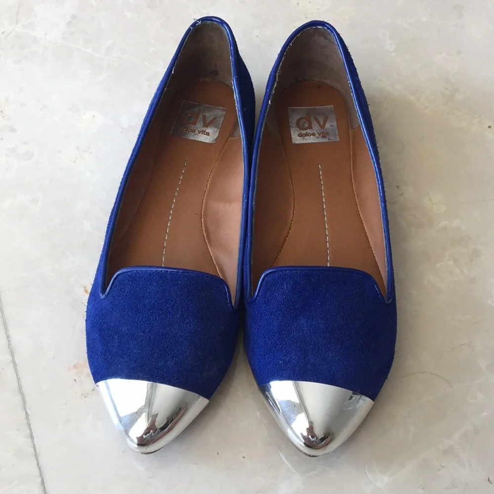 Dolce Vita Royal Blue Suede Flats with Silver Metallic Cap Toe